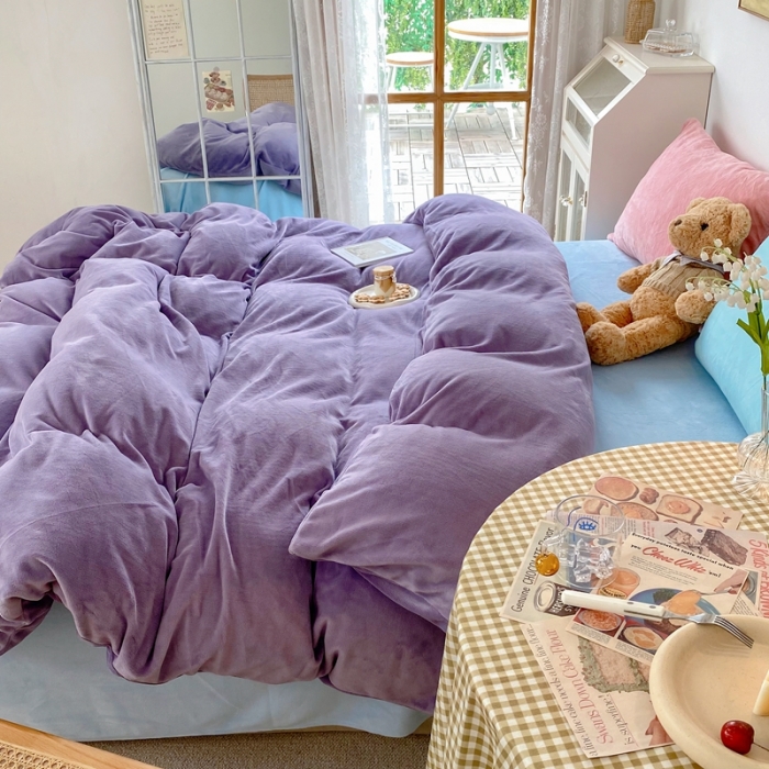 91家纺网 家纺一手货源 找家纺 星期八 2021新款马卡龙牛奶绒四件套 紫-蓝