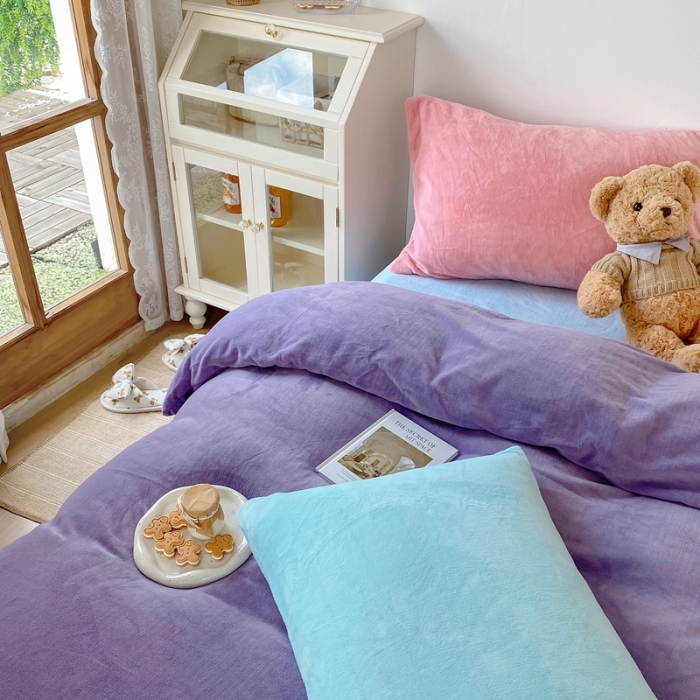 91家纺网 家纺一手货源 找家纺 星期八 2021新款马卡龙牛奶绒四件套 紫-蓝