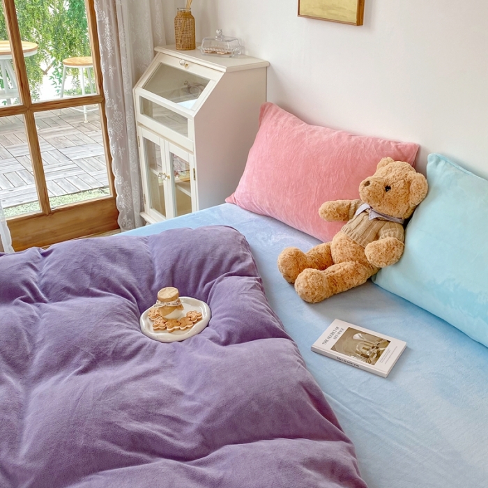 91家纺网 家纺一手货源 找家纺 星期八 2021新款马卡龙牛奶绒四件套 紫-蓝