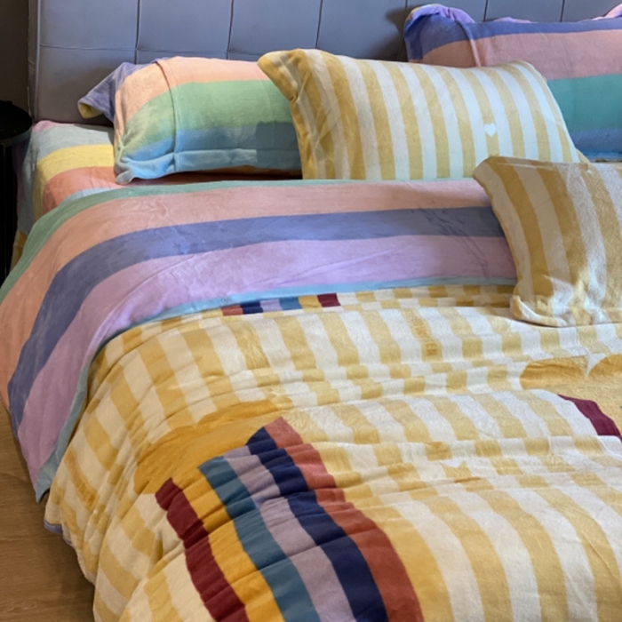 91家纺网 家纺一手货源 找家纺 棉生活 2021新款小清新牛奶绒四件套 彩虹洋-黄