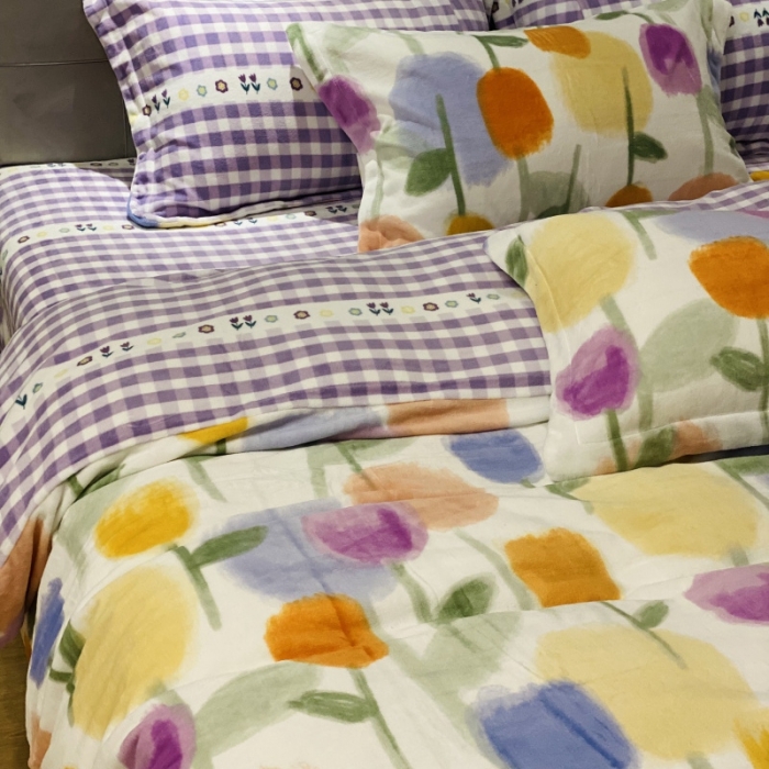 91家纺网 家纺一手货源 找家纺 棉生活 2021新款小清新牛奶绒四件套 彩色郁金香