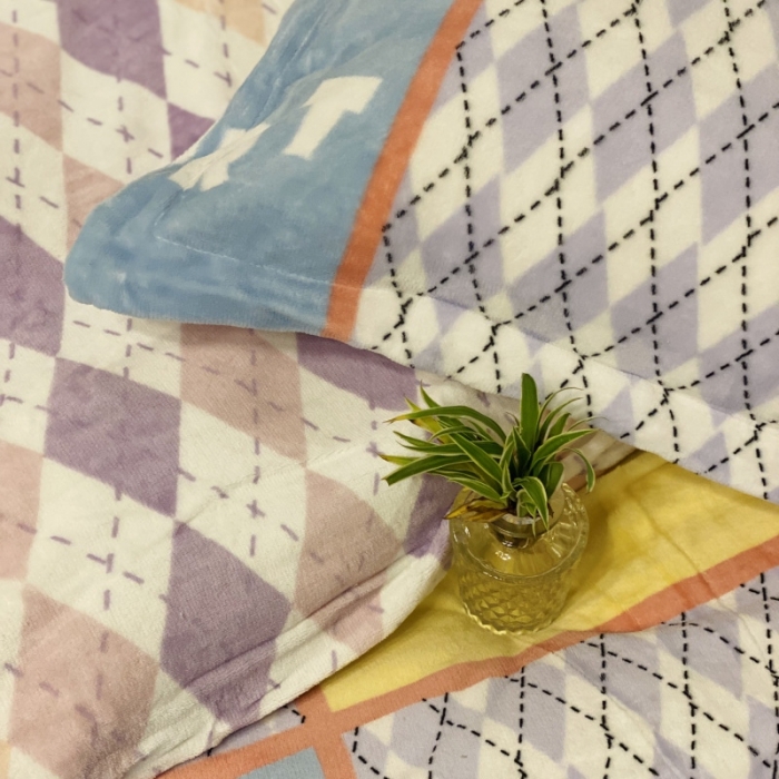 91家纺网 家纺一手货源 找家纺 棉生活 2021新款小清新牛奶绒四件套 多彩菱形