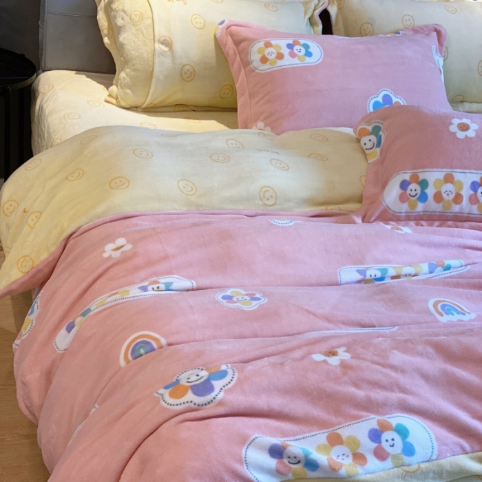 91家纺网 家纺一手货源 找家纺 棉生活 2021新款小清新牛奶绒四件套 花花笑脸粉