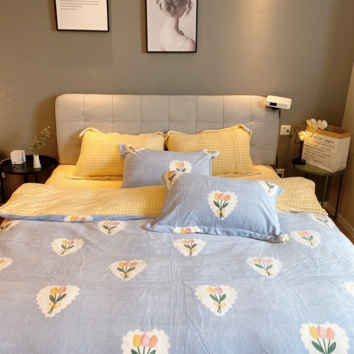 91家纺网 家纺一手货源 找家纺 棉生活 2021新款小清新牛奶绒四件套 心朵