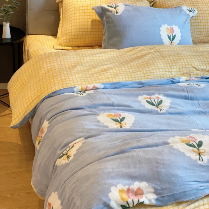 91家纺网 家纺一手货源 找家纺 棉生活 2021新款小清新牛奶绒四件套 心朵