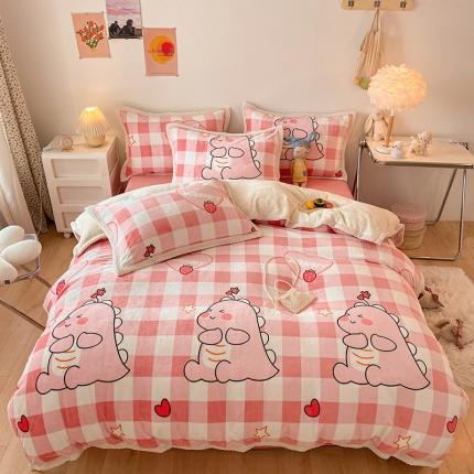 91家纺网 家纺一手货源 找家纺 琪格格 2022大包边保暖四件套 A牛奶绒B兔兔绒-萌趣恐龙