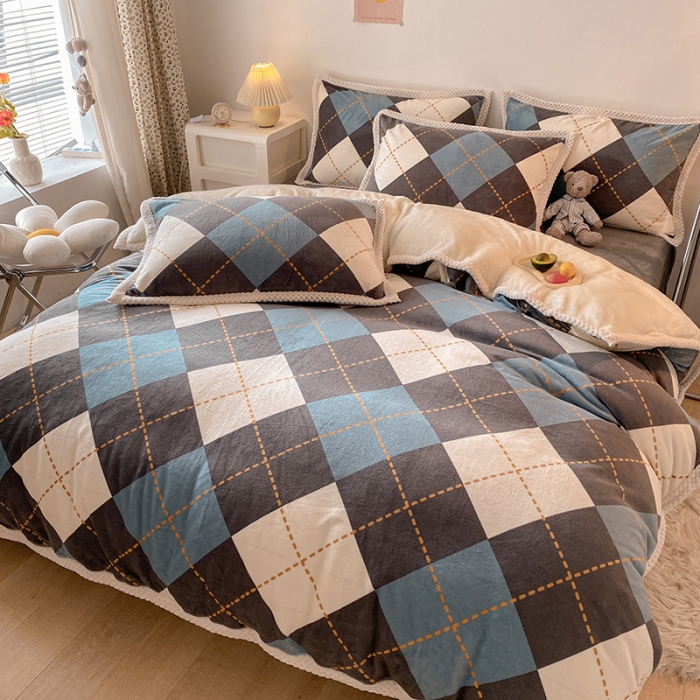 91家纺网 家纺一手货源 找家纺 琪格格 2022大包边保暖四件套 A牛奶绒B兔兔绒-菱形空间