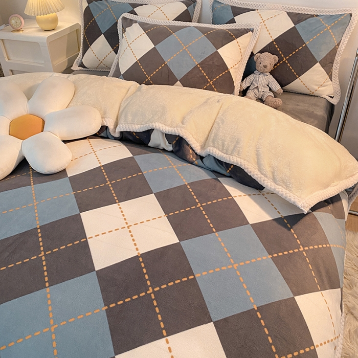 91家纺网 家纺一手货源 找家纺 琪格格 2022大包边保暖四件套 A牛奶绒B兔兔绒-菱形空间