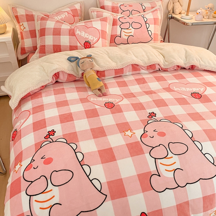 91家纺网 家纺一手货源 找家纺 琪格格 2022大包边保暖四件套 A牛奶绒B兔兔绒-萌趣恐龙