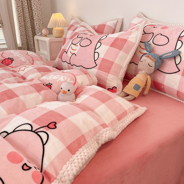 91家纺网 家纺一手货源 找家纺 琪格格 2022大包边保暖四件套 A牛奶绒B兔兔绒-萌趣恐龙