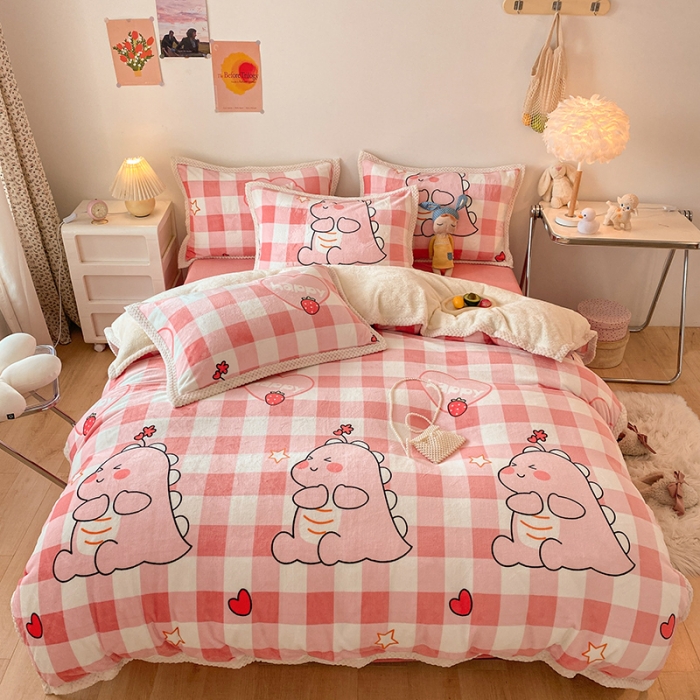 91家纺网 家纺一手货源 找家纺 琪格格 2022大包边保暖四件套 A牛奶绒B兔兔绒-萌趣恐龙