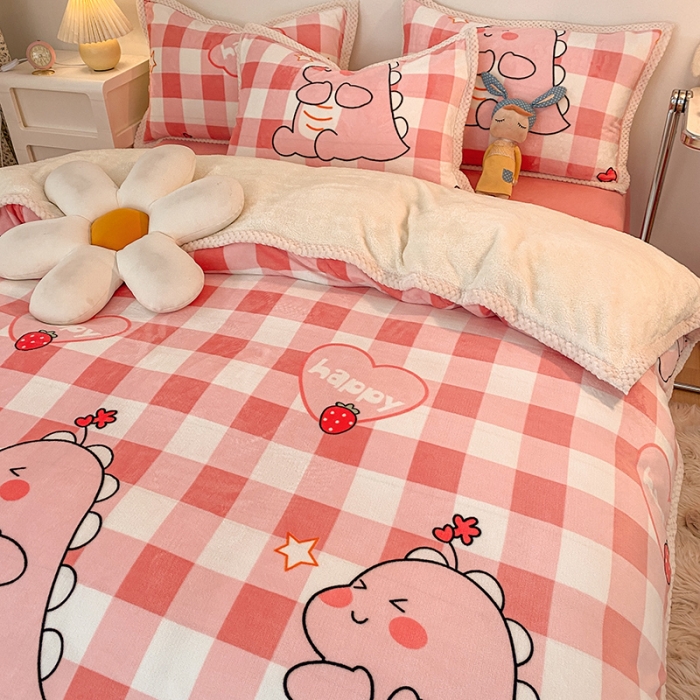 91家纺网 家纺一手货源 找家纺 琪格格 2022大包边保暖四件套 A牛奶绒B兔兔绒-萌趣恐龙