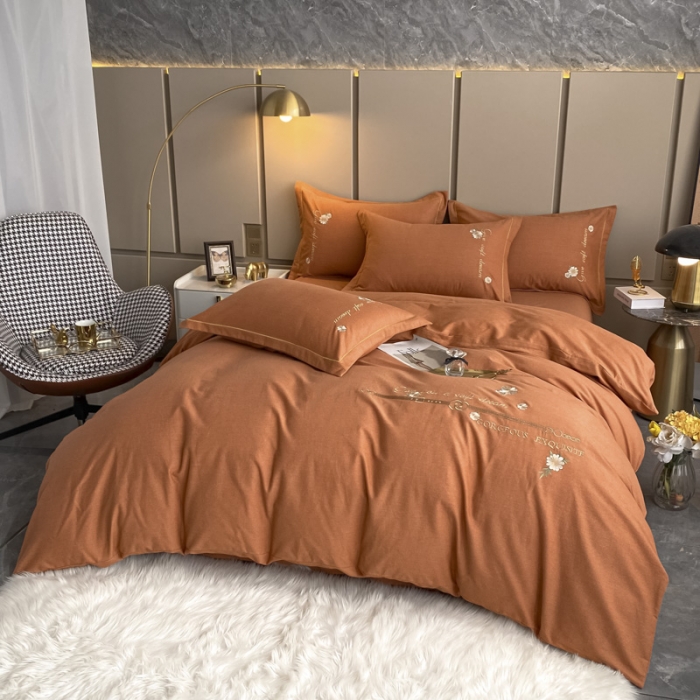 91家纺网 家纺一手货源 找家纺 雲归梦 2021新款全棉生态磨毛刺绣四件套 慕思-橙色