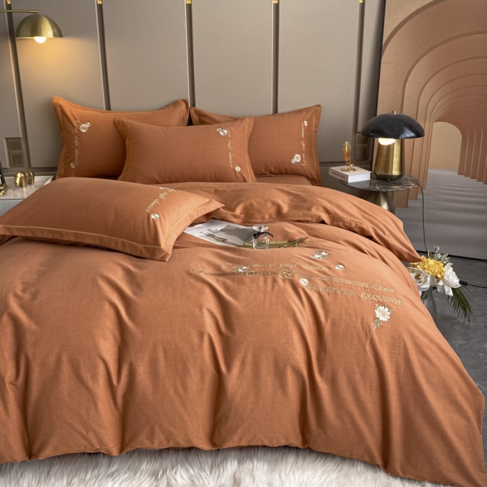 91家纺网 家纺一手货源 找家纺 雲归梦 2021新款全棉生态磨毛刺绣四件套 慕思-橙色