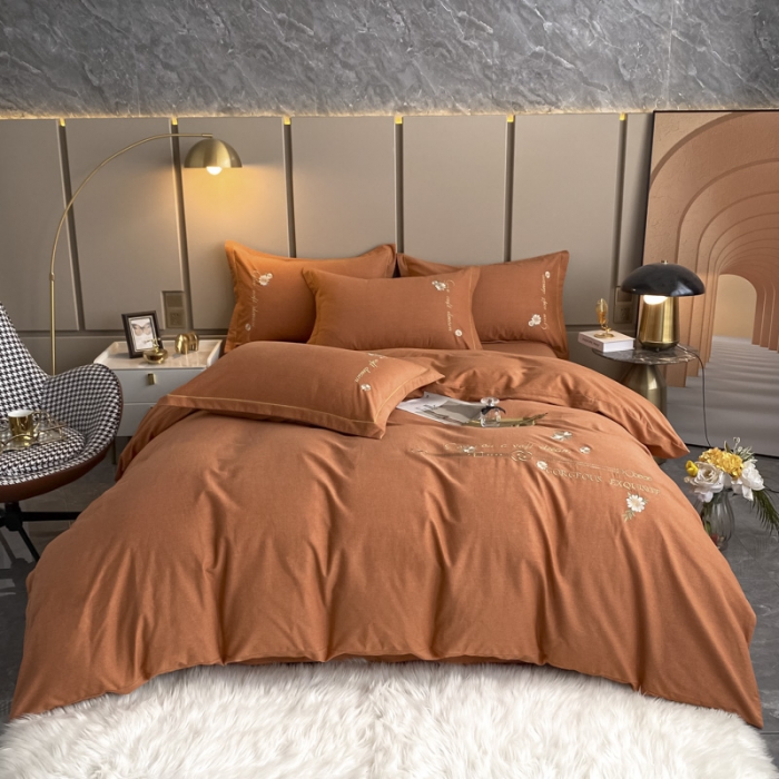 91家纺网 家纺一手货源 找家纺 雲归梦 2021新款全棉生态磨毛刺绣四件套 慕思-橙色