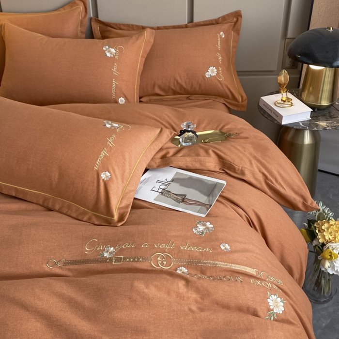 91家纺网 家纺一手货源 找家纺 雲归梦 2021新款全棉生态磨毛刺绣四件套 慕思-橙色