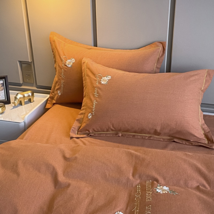 91家纺网 家纺一手货源 找家纺 雲归梦 2021新款全棉生态磨毛刺绣四件套 慕思-橙色