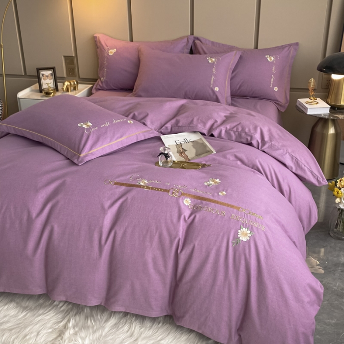 91家纺网 家纺一手货源 找家纺 雲归梦 2021新款全棉生态磨毛刺绣四件套 慕思-粉紫