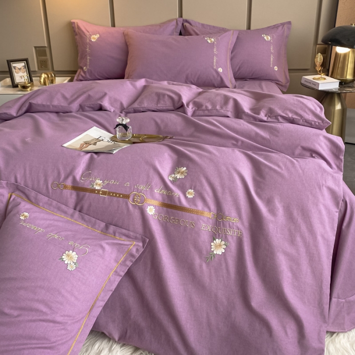 91家纺网 家纺一手货源 找家纺 雲归梦 2021新款全棉生态磨毛刺绣四件套 慕思-粉紫