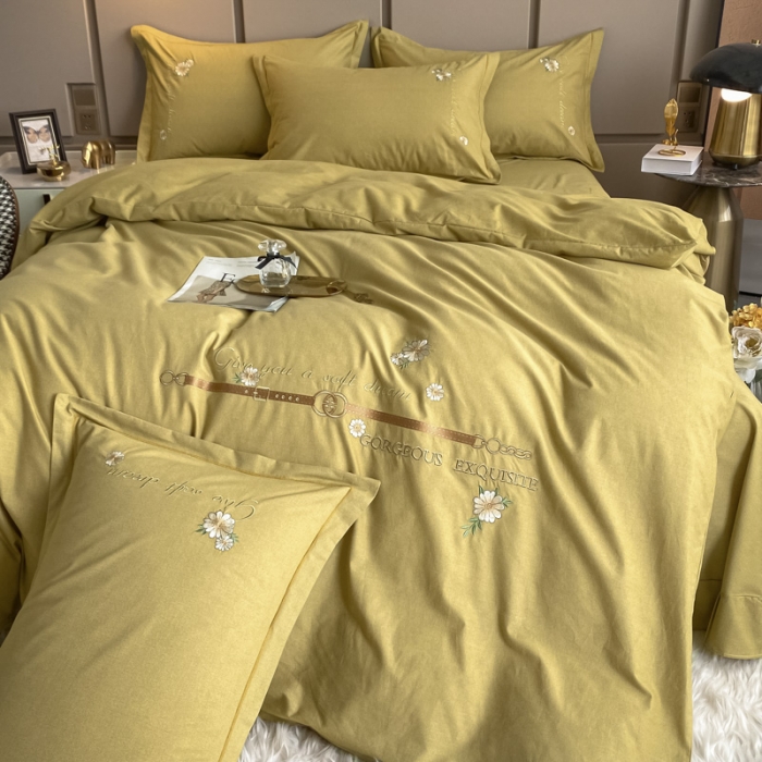 91家纺网 家纺一手货源 找家纺 雲归梦 2021新款全棉生态磨毛刺绣四件套 慕思-米黄