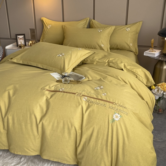 91家纺网 家纺一手货源 找家纺 雲归梦 2021新款全棉生态磨毛刺绣四件套 慕思-米黄