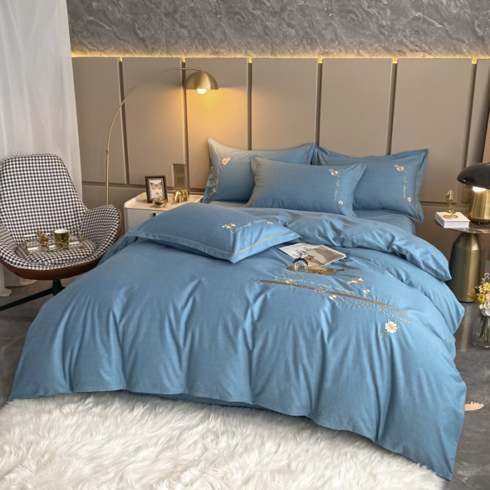 91家纺网 家纺一手货源 找家纺 雲归梦 2021新款全棉生态磨毛刺绣四件套 慕思-天蓝