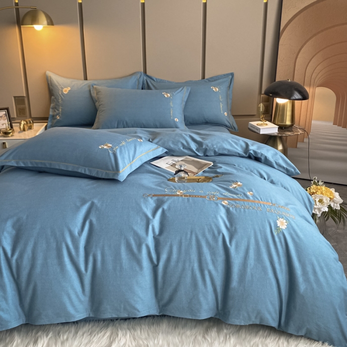 91家纺网 家纺一手货源 找家纺 雲归梦 2021新款全棉生态磨毛刺绣四件套 慕思-天蓝