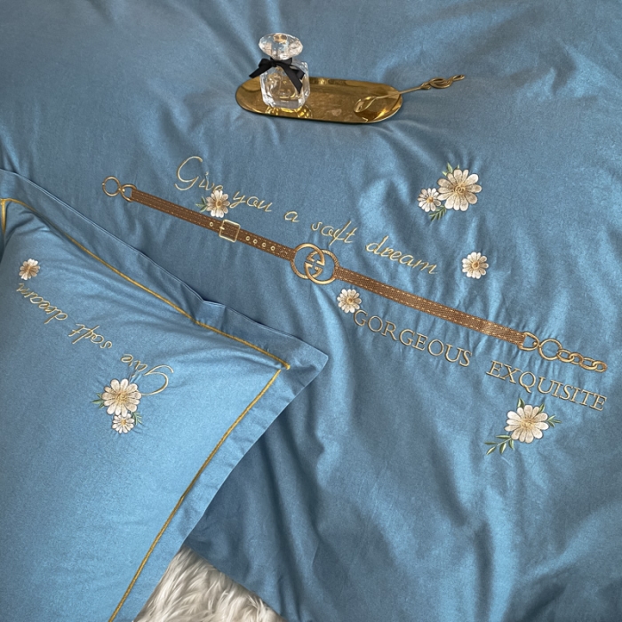 91家纺网 家纺一手货源 找家纺 雲归梦 2021新款全棉生态磨毛刺绣四件套 慕思-天蓝