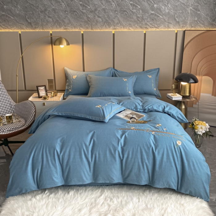 91家纺网 家纺一手货源 找家纺 雲归梦 2021新款全棉生态磨毛刺绣四件套 慕思-天蓝