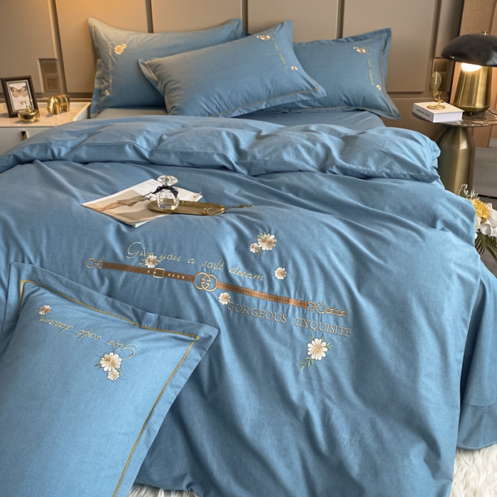 91家纺网 家纺一手货源 找家纺 雲归梦 2021新款全棉生态磨毛刺绣四件套 慕思-天蓝