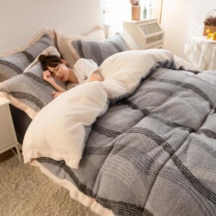 91家纺网 家纺一手货源 找家纺 印季 2024新款印花泰迪绒花边四件套 律动