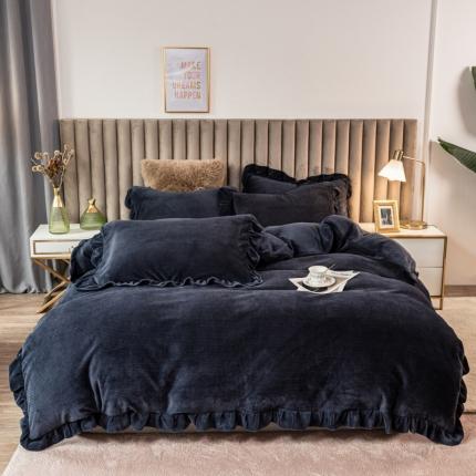 91家纺网 家纺一手货源 找家纺 印季 2024新款华夫格牛奶绒花边四件套 宝蓝