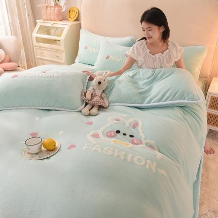 91家纺网 家纺一手货源 找家纺 菲儿 2021新款牛奶绒四件套法莱水晶 宝宝兔-水绿