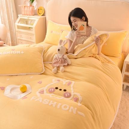 91家纺网 家纺一手货源 找家纺 菲儿 2021新款牛奶绒四件套法莱水晶 宝宝兔-柠檬黄