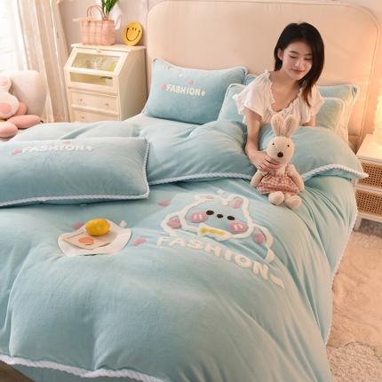 91家纺网 家纺一手货源 找家纺 菲儿 2021新款牛奶绒四件套法莱水晶 宝宝兔-海洋蓝