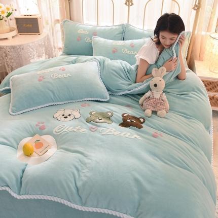 91家纺网 家纺一手货源 找家纺 菲儿 2021新款牛奶绒四件套法莱水晶绒快乐熊-蔚蓝