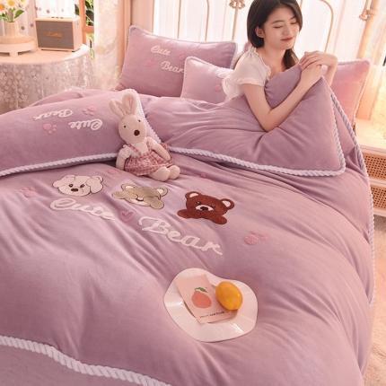 91家纺网 家纺一手货源 找家纺 菲儿 2021新款牛奶绒四件套法莱水晶绒 快乐熊-玫瑰紫
