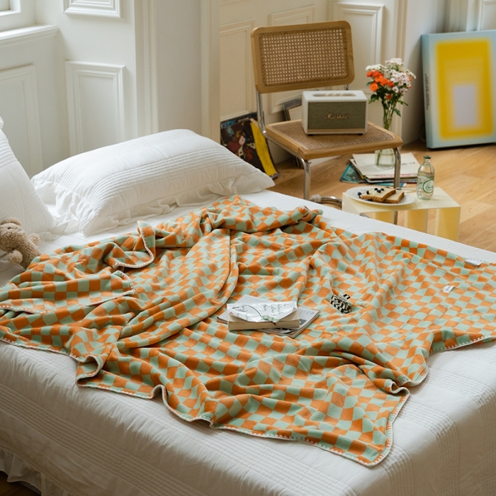 91家纺网 家纺一手货源 找家纺 洋铭区 2021冬季新品棋盘格双色牛奶绒毯子 蜜柚橘