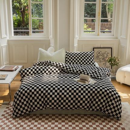 91家纺网 家纺一手货源 找家纺 洋铭区 2021冬季新品棋盘格牛奶绒四件套 初恋黑格