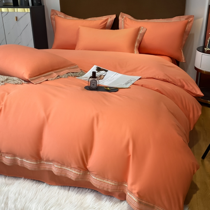 91家纺网 家纺一手货源 找家纺 安妮家居 2021新款全棉轻奢刺绣简约风四件套-米兰 爱马仕橙