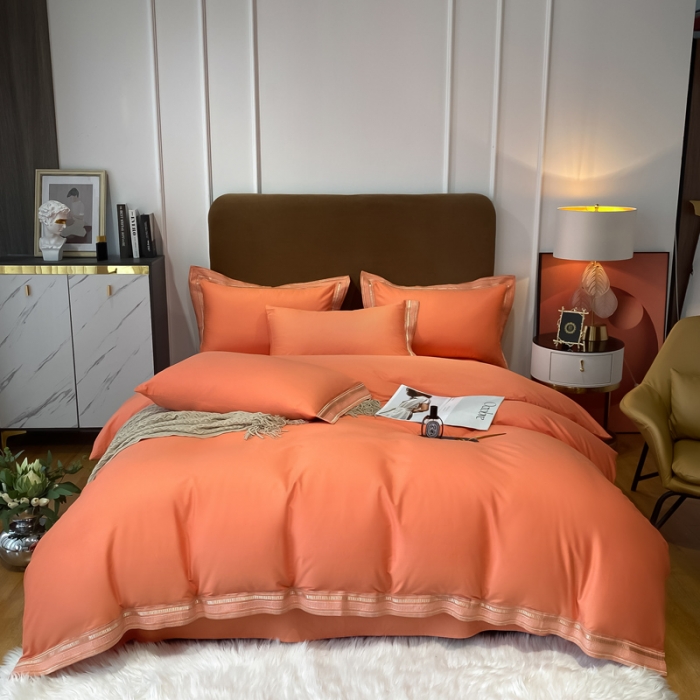 91家纺网 家纺一手货源 找家纺 安妮家居 2021新款全棉轻奢刺绣简约风四件套-米兰 爱马仕橙