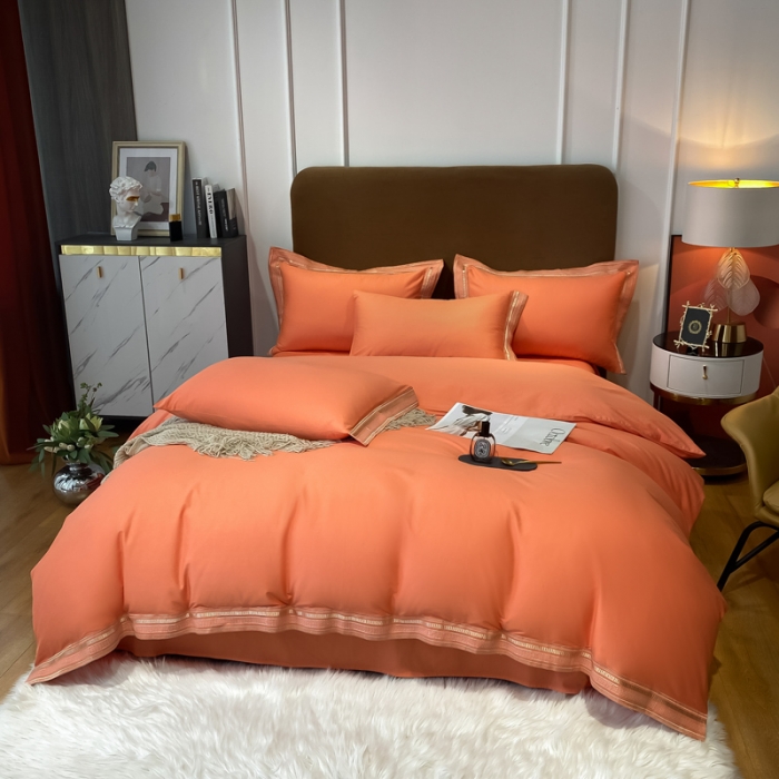 91家纺网 家纺一手货源 找家纺 安妮家居 2021新款全棉轻奢刺绣简约风四件套-米兰 爱马仕橙