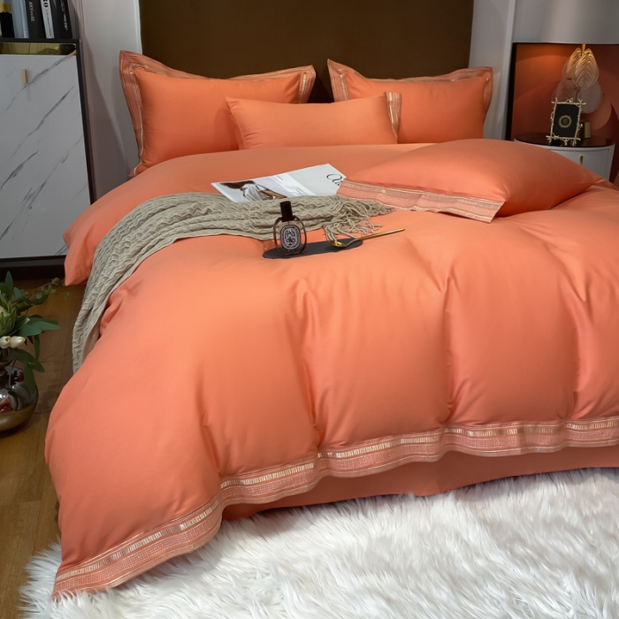 91家纺网 家纺一手货源 找家纺 安妮家居 2021新款全棉轻奢刺绣简约风四件套-米兰 爱马仕橙