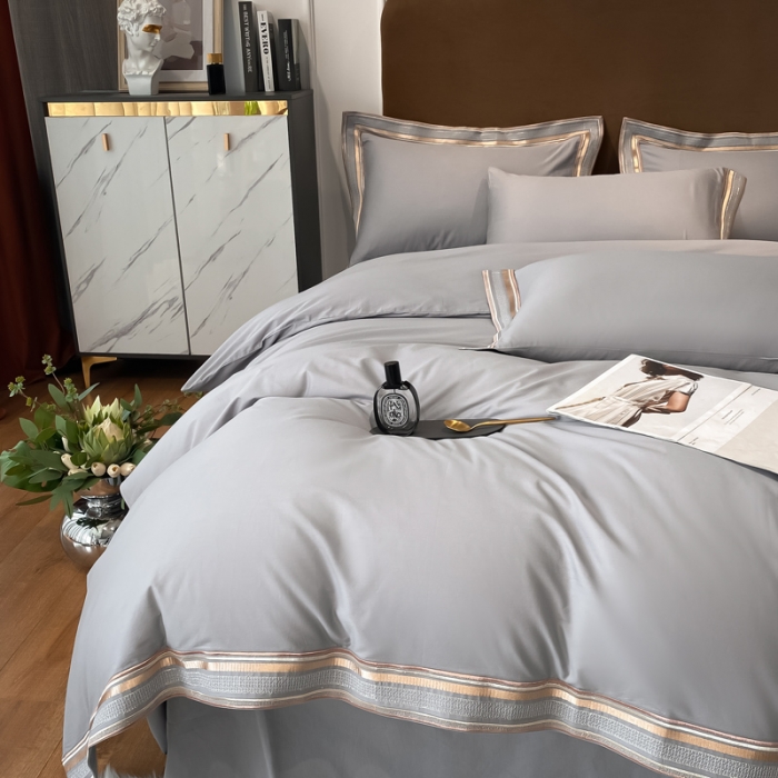 91家纺网 家纺一手货源 找家纺 安妮家居 2021新款全棉轻奢刺绣简约风四件套-米兰 爵士灰