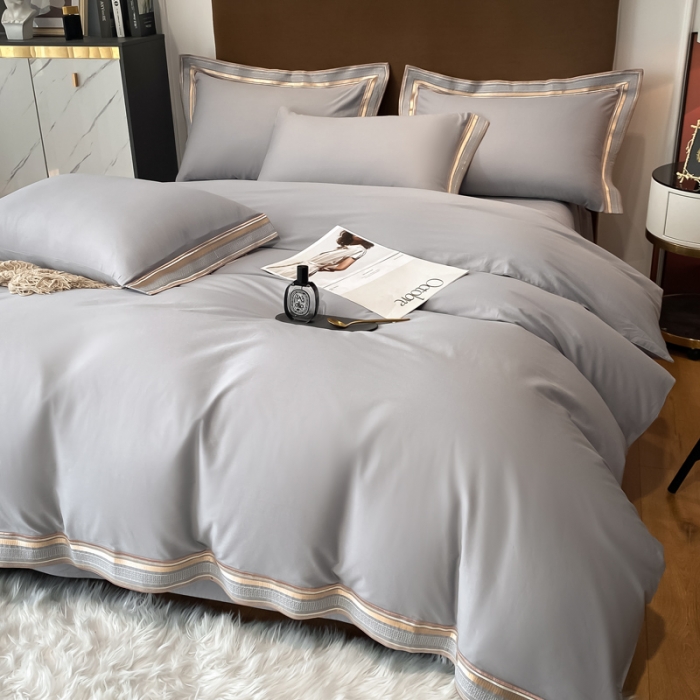 91家纺网 家纺一手货源 找家纺 安妮家居 2021新款全棉轻奢刺绣简约风四件套-米兰 爵士灰