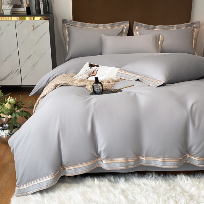 91家纺网 家纺一手货源 找家纺 安妮家居 2021新款全棉轻奢刺绣简约风四件套-米兰 爵士灰