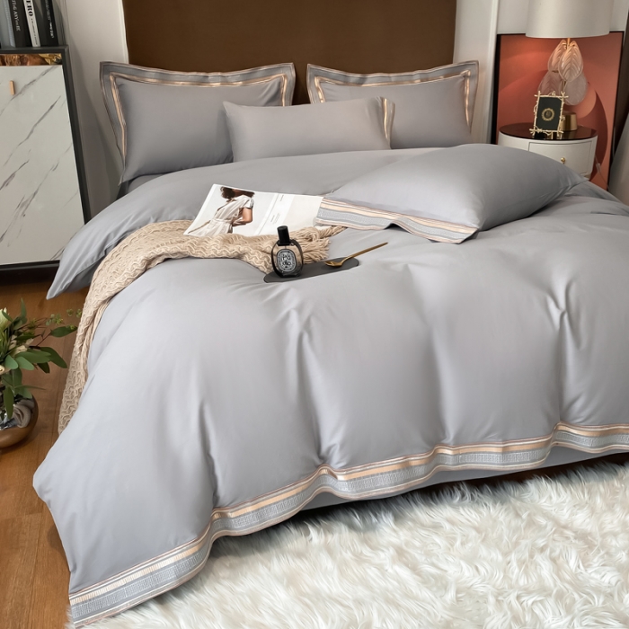 91家纺网 家纺一手货源 找家纺 安妮家居 2021新款全棉轻奢刺绣简约风四件套-米兰 爵士灰