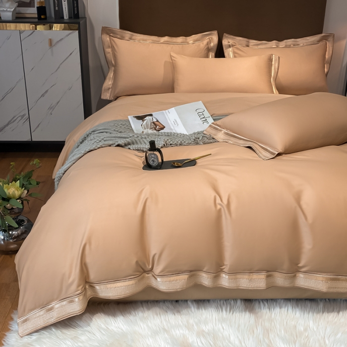 91家纺网 家纺一手货源 找家纺 安妮家居 2021新款全棉轻奢刺绣简约风四件套-米兰 卡其色