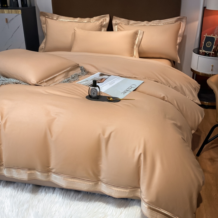 91家纺网 家纺一手货源 找家纺 安妮家居 2021新款全棉轻奢刺绣简约风四件套-米兰 卡其色