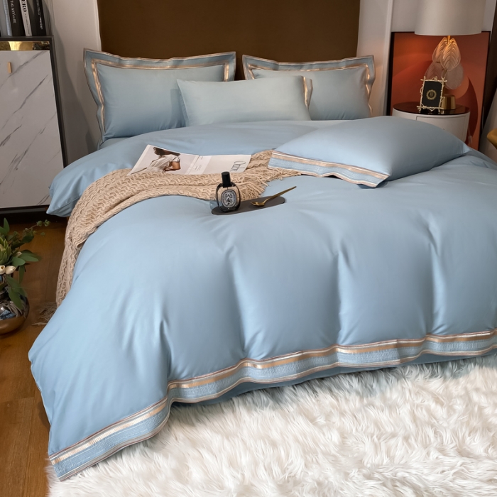 91家纺网 家纺一手货源 找家纺 安妮家居 2021新款全棉轻奢刺绣简约风四件套-米兰 摩卡蓝